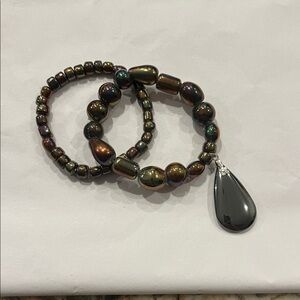 Handmade Hematite Beaded Stretch Bracelet Set Black Iridescent Gemstone Jewelry